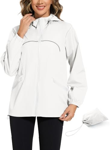 Rapbin Damen Wasserdichte Faltbar Regenjacke mit Kapuze Dünne Jacke mit Reflektorstreifen Leichte Packbar Outdoor Jacke für Fahrrad und Reisen（Weiß，M）