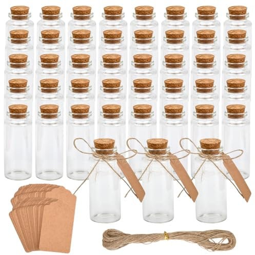 CENBEN 70PCS Mini Glass Jars with Cork Stoppers, 30ml Mini Wishing Bottles With Label Tags and String, Tiny Glass Jars Empty Message Bottles for Diy Crafts, Party Favors, Wedding Party Decoration