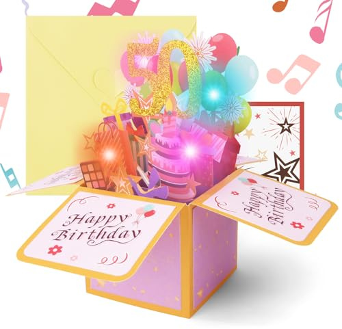 OFFCUP 50 3D Pop Up Geburtstagskarte Musik Licht Gold Pink | Happy Birthday Grußkarte passend als Geschenk für Frauen Kinder Freundin Männer