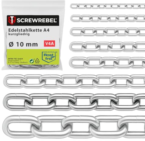 SCREW REBEL 10,0 mm starke Edelstahlkette A4 rostfrei, Gliederkette 1,5 m lang, kalibriert, Hebekette kurzgliedrig DIN 766, Eisenkette, Rundstahlkette V4A mit 1,5 Meter Länge