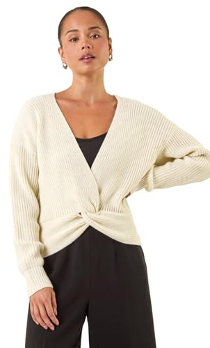 Roman Petite Twist Front Knit Jumper for Women UK - Ladies Everyday Autumn Winter V-Neckline Comfy Soft Evening Vacation Work Party Night Out - Petite Ivory - Size 16