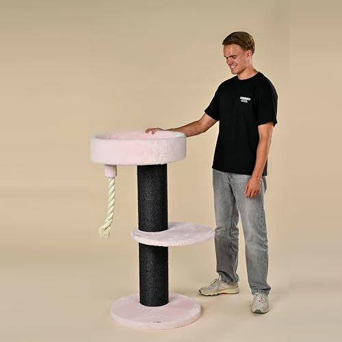 RHRQuality Kratzbaum für große Katzen – Maine Coon Lounge Sleeper – 120 cm hoch – mit extra dicken 20 cm Sisalstämmen – Blackline Pink