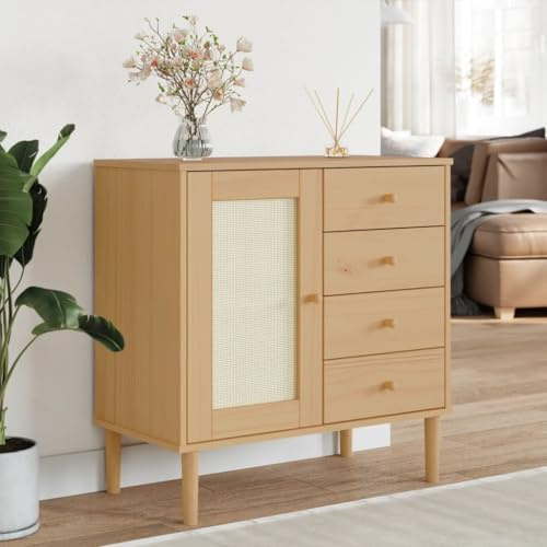 CKioict Sideboard SENJA Rattan-Optik Braun flurschrank kommoden for Schlafzimmer Wohnzimmer 80x40x80 cm Kiefernholz