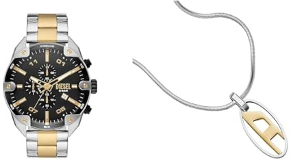 Diesel Herren Spiked Zweifarbige Edelstahl Uhr und Silberfarbene Halskette, Set