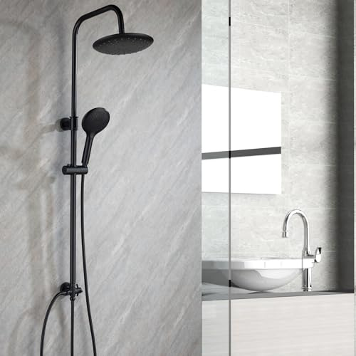 Ronvie Black Adjustable Shower Riser Rail Kit with 9 Rainfall Shower Head | Rain Shower Set Height Adjustable 79-128cm, Anti-Leak Hose, 3-Mode Shower Head, Easy Installation