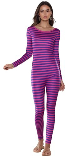 Cusghjbsg Women Halloween Cheshire Cat Cosplay Costume Long Sleeve Stripe Print Contrast Color Slim Jumpsuit Role Play Outfit Romper
