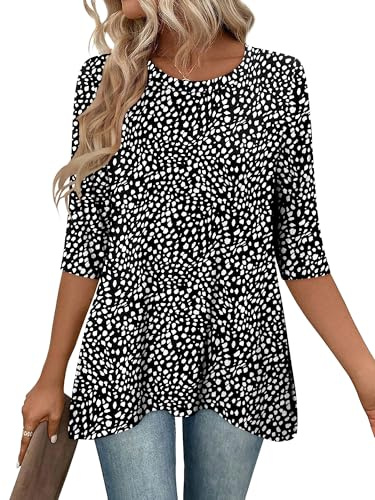 KISSMODA Womens 3/4 Long Sleeve Tunic Tops Round Neck Flowy Longline Blouse | Boho Printed or Solid Color, Loose Fit Hem, Dressy Shirts for Legging, Casual Trendy Fall Outfits