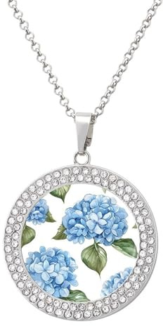 ERSTSNCK Necklace for Women Blue Hydrangea Pattern Round Alloy Diamond Pendant Necklaces Cute Elegant Pendant Charm Necklace Birthday Anniversary Jewelry Valentine's Day Gift, One size, Zinc, Diamond