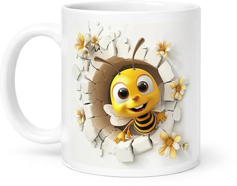 Spomo Cute Cartoon bee with Flowers and Broken wall 3D Illustration Playful Design Cheerful Decorative Style Ceramic Mug Gift for Children and bee Lovers