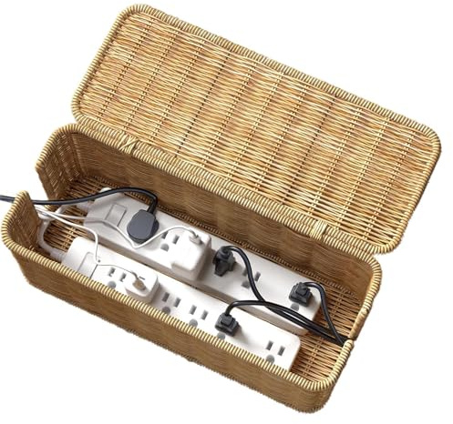 Rattan Cord Basket, Cable Management Box, Handwoven Cord Organizer Box With 2 Open Slots And Lid, Stylish Cable Storage Basket Holder For Desk, Table, Cabinet, Shelf, Floor, TV Unit, Home