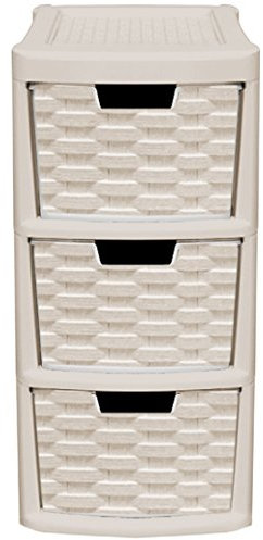 CrazyGadget® Rattan Style Plastic Small 3 Drawer Tower Storage Unit for School Home Office - Made In U.K. (1pc, Mushroom)