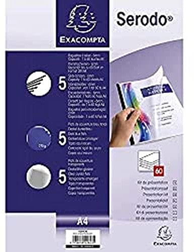 Exacompta 42843E Präsentationsset Serodo Kapazität bis zu 60 Blatt (mit 5 schwarze Klemmschienen zum Binden (6mm), 5 Deckel dunkelblau DIN A4 Ledernarbung, 5 Deckel kristall DIN A4 PVC 200μ) 1 Set