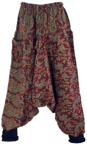 GURU SHOP Flauschige Haremshose, Boho Pumphose, Bordeauxrot/Paisley | Weit geschnitten, elastischer Bund, seitliche Tasche, kuschelig, für kalte Tage, vielseitig kombinierbar.