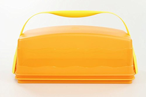 TUPPERWARE Kastenkuchenbehälter Junge Welle orange J29 + Gelber Tragegriff 30891