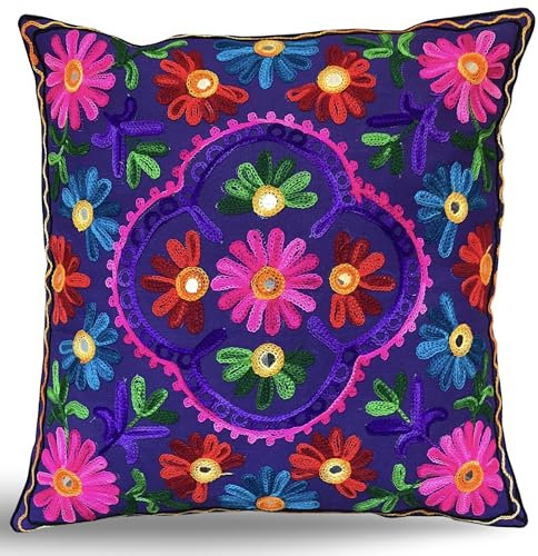 Kissenbezüge dekorativ Bestickt Mandala-Blumenmuster Ethno Boho Kissenbezug, Leuchtend bunter Bohemian-Bezug für Sofa Couch handgefertigter Schlafzimmer Wohnzimmer, 40 x 40 cm (16 x 16 Zoll)