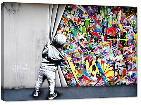 Yatsen Bridge Leinwanddruck hinter dem Vorhang, Banksy-Graffiti-Wandbild, Pop-Art, bunte Poster, gespannte Bilder für Wohnzimmer, gerahmt, fertig zum Aufhängen (101.6 x 76.2 cm)