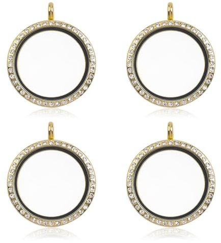 WANDIC Ciondolo portafoto con strass, 4 ciondoli rotondi color oro con cristalli, per bouquet da sposa, medaglione ricordo per 2 immagini (4 pezzi oro)