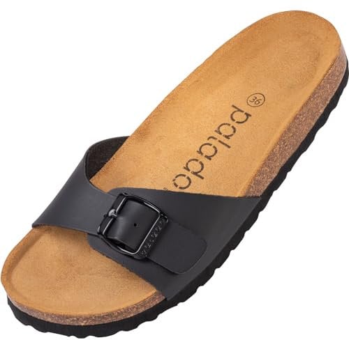 Palado Pantoletten Damen Malta Matt – gefertigt in Spanien – Veloursleder-Decksohle – matte Oberfläche – Weichfußbett für besten Komfort Schwarz UK10 - EU44