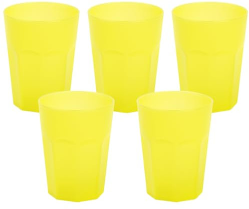 Engelland - 5 x Plastikbecher, Trinkbecher, Gelb, Frostoptik, 400 ml, Eichstrich, bruchfest, stapelbar, Mehrweg, Kunststoff, wiederverwendbar, Party-Becher, Trink-Glas