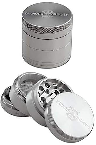 Black Leaf Aluminium-Grinder Diamond groß 4-teilig Ø 40 mm | hochwertiger Aluminium Crusher mit Pollenkammer | Premium Grinder Silber | inkl. Schaber
