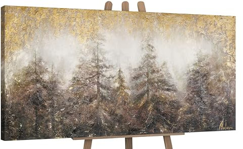 YS-Art Abstrakt Acryl Gemälde auf Leinwand morgens im Wald handgemalt Wandbilder Wohnzimmer modern Wohndekor Bilder Büro gold braun echte Kunst 100x50 cm