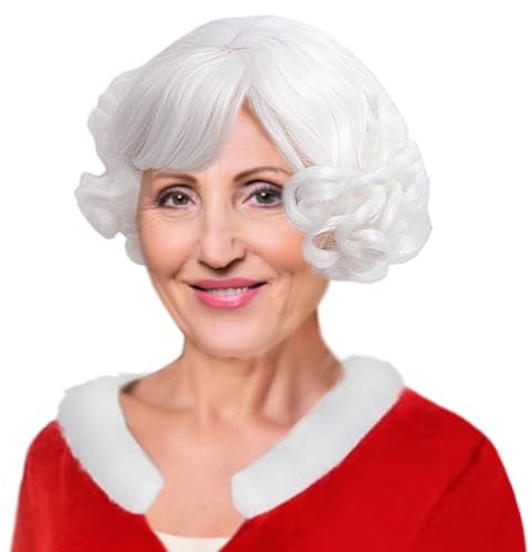 REEWES Weiße lockige Perücken mit Pony für Frau Claus Cosplay Kostüm Kurz geschichtetes Synthetisches Haar Party