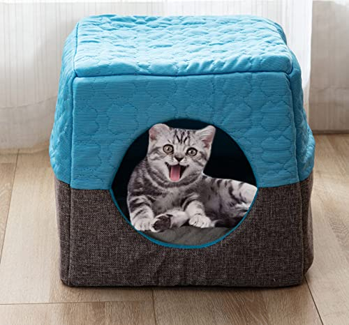 DG Catiee Katzenhöhle, Iglu, kleines Hundebett, 3-in-1, beruhigendes Katzenbett, Hundesofa, warmes Schlafkissen, faltbar, waschbares Haustierbett für Katzen und Hunde (37 x 33 x 30 cm, blau)