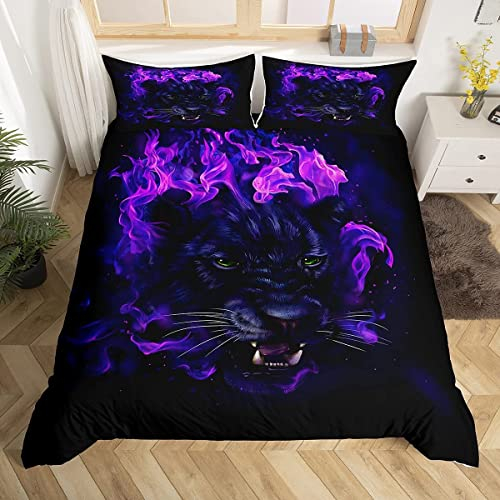 Leopard Bettwäsche-Set Schwarzer Panther Bettbezug-Set für Kinder Jungen Mädchen Safari Gepard Bettwäsche 155x220 cm Blaues Feuer Wildtier-Dekor Bettbezug Zimmerdekoration Mikrofaser 2-TLG