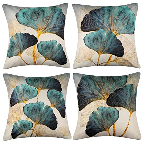 ETOLISHOP Kissenbezug 4er Set Dekorativ Kissenhülle Leinen Kissenbezüge Petrol Gold Ginkgo Biloba Muster Wurfkissenbezug für Sofa Auto Wohnzimmer Garten Patios Outdoor Kissen Sofakissen Couchkissen