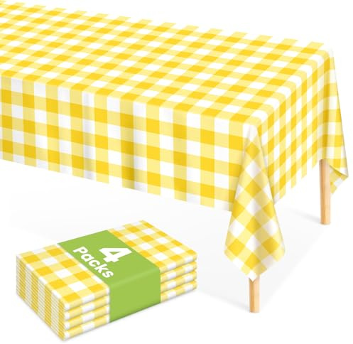 4 Stück gelbe Karierte Tischdecke, 137 x 274 cm, rechteckige gelbe Gingham-Tischdecke, Einweg-Kunststoff, wasserdichte Büffel-Tischdecke für Outdoor, Picknick, Küche, Urlaub, Geburtstagsparty
