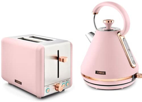 Tower Cavaletto Pink 1.7L 3KW Pyramid Kettle & 2 Slice 850w Toaster. Contemporary Matching Kettle & 2 Slice Toaster Set in Pink & Rose Gold