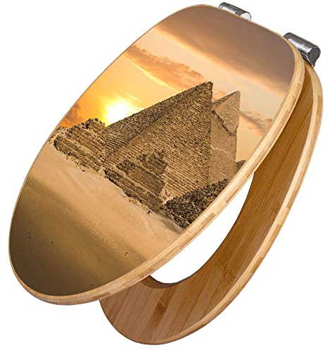 banjado Design WC Sitz Bambus Absenkautomatik 45,8x37,5cm / Toilettendeckel mit Absenkautomatik Holz/hochwertiger Bambus Klodeckel/WC-Sitz für gängigen Toiletten/Motiv Pyramiden
