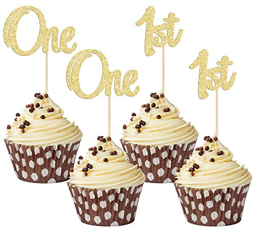 Gyufise 24Pcs Glitter One 1st Birthday Cupcake Toppers for Baby Shower Party Cake Decorations Supplies Gold