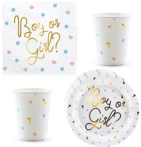 Libetui Set 44 Teile Partygeschirr Junge oder Mädchen - Gender Reveal Geschirr mit Gold Inschrif Boy or Girl? Papier Dekoration Baby-Shower-Party Junge Mädchen