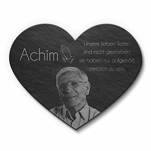 CHRISCK design Herz-Grabplatte mit Foto Gravur für Menschen - Personalisierte Gedenktafel als wetterfester Grabschmuck - Schiefer (24x19 cm) Schwarz