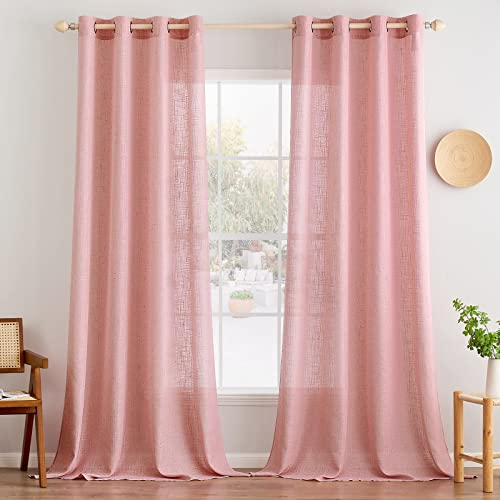 MIULEE Gardinen Vorhänge mit ösen Voile Vorhang kurz Modern Leinenoptik Halbtransparent Ösenvorhang für Wohnzimmer Kinderzimmer Raumteiler 2er Set Rosa 215x140 cm