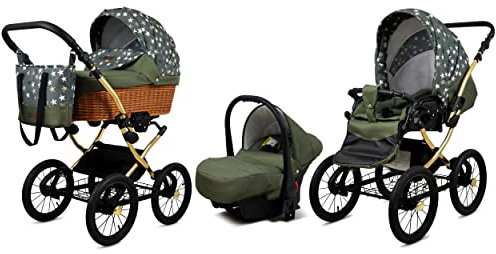 BabyLux Kinderwagen 3in1 mit Autositz für Kleinkinder – Kinderwagen für Neugeborene und Kleinkinder –– Baby Neugeborenen Kinderwagen – 59x105x125cm – Max 15kg – Olive Star Gold Frame
