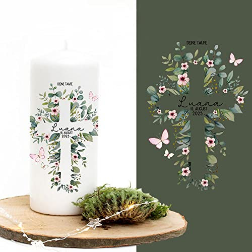 Taufkerze Patenkerze Gastkerze Lichthülle Blüten Blätter Kreuz Wunschname Spruch individualisierbar wk244 - ausgewählte Größe: *3. Gastkerze (ohne Taufspruch)*