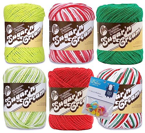 Lily Sugar'n Cream 100% Cotton Yarn 6-Pack Bundle with Bella's Crafts Stitch Markers (Mod Christmas Mix)