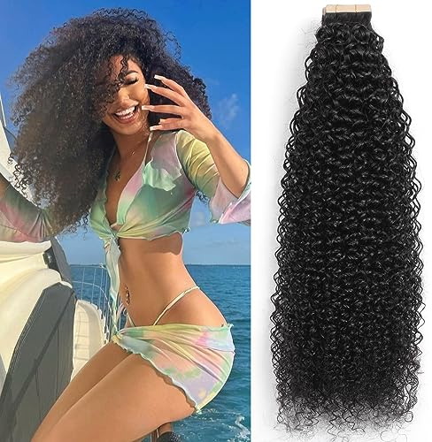 YDDM Schwarze Frauen tape extensions echthaar schwarz Kinky Curly Tape in haarverlängerung echthaar tapes unsichtbare extensions echthaar tape extensions echthaar 24 Zoll 20 stück 50G