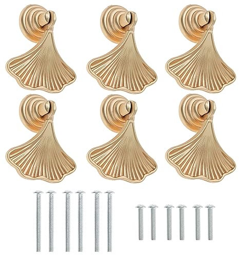 Be In Your Mind 6Pcs Leaf Shape Knob Handles with Screws Leaf Door Knobs Furniture Handles Pulls Accessories for Cabinets Drawers Bookcase Gold