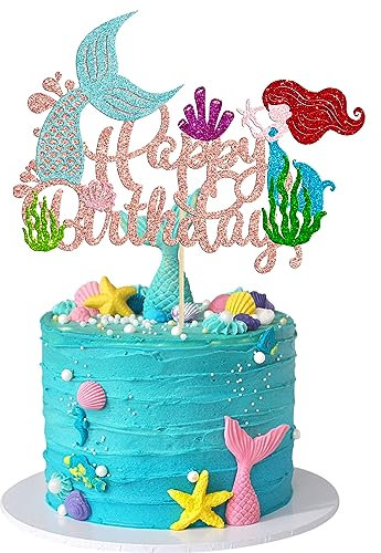Gyufise 1Pcs Mermaid Happy Birthday Cake Topper Glitter Mermaid Cake Pick Seashells Coral Mermaid Tail Cake Decoration for Under The Sea Baby Shower Birthday Party Supplies Rose Gold