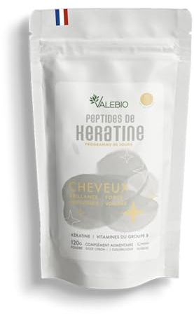 Kératine en poudre I Brillance & volume des cheveux I 1 mois 120g I Valebio | Cynatine® HNS + kératine 500mg + vitamine B, Fortifie les cheveux, Apporte de la brillance, Vegan, Fabriqué en France