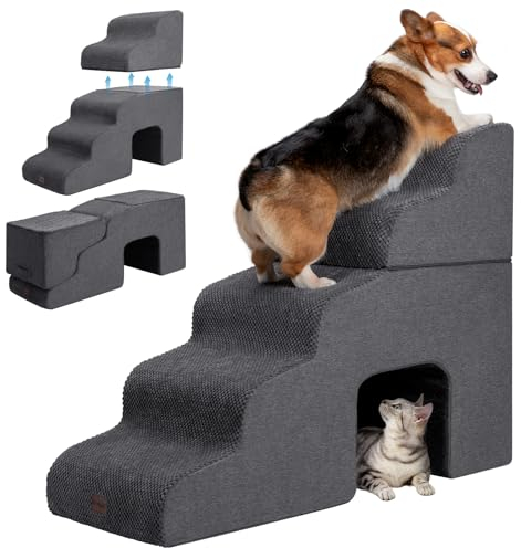 Garnpet Escaleras para perros para camas altas con túnel, escalones para perros y gatos pequeños, escaleras plegables para mascotas para subir en cama alta, escalón antideslizante equilibrado para