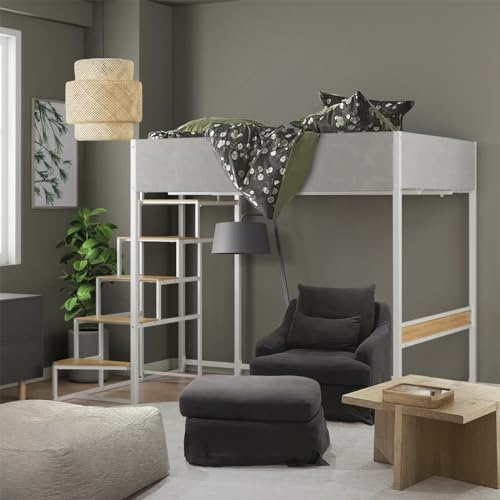 SENHO Hochbett mit Lattenrost und Treppe, wendbar, aus Stoff, Metall und Melamin – Liegefläche 140 x 190 cm – DOCKLAND (Hellgrau, Eiche und Weiß)