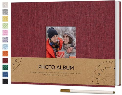 Vienrose Fotoalbum Selbstklebend Einkleben 10x15 Klein Leinen Photo Album mit 60 Weißen Seiten, Hochzeit Jahrestag Geburtstag Fotoalben mit Einem Kugelschreiber, 21,5x30cm, Rot