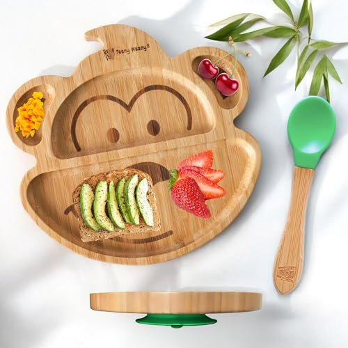 Teeny Weany® Bamboo Toddler Plates with Spoon | Suction Plate | Weaning Spoons | Baby Plates | Non Toxic | Eco - Friendly | Divided Sections | Promotes Self-Feeding | Monkey Green