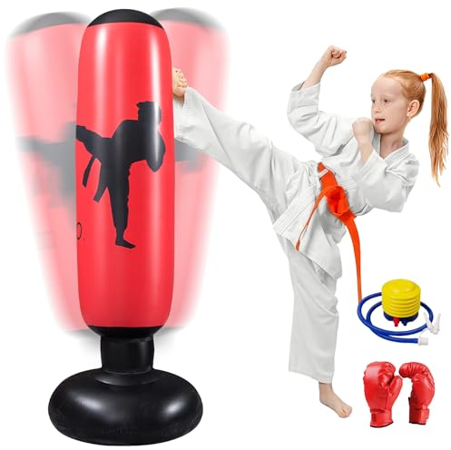 Oziral Boxsack Kinder, Aufblasbarer Boxsack,160cm Boxsack Stehend, Standboxsack mit Luftpumpe und Boxhandschuhen für Karate Kickboxen, Trainingsausrüstung, Geschenk (Rot)