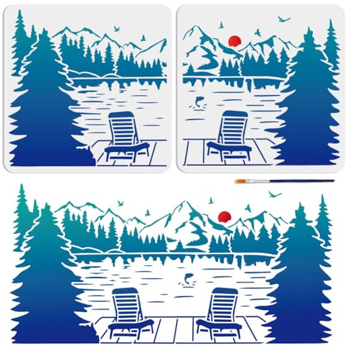 MAYJOYDIY 2Pcs Pochoir de paysage de soleil 56.6×28cm Pochoir de Peinture style épissure forêt Réutilisables Modèles de dessin 30×30cm avec pinceau pour L'Artisanat Sur Fenêtre Mur en Bois Décoration