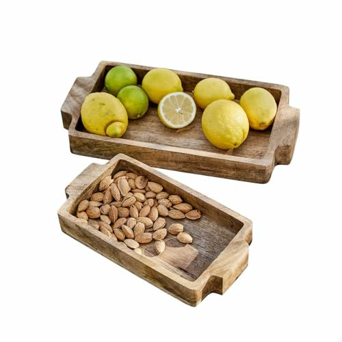 LOBERON Tablett 2er Set Buer, zwei Größen, rustikales Design, natürliche Holzmaserung, Küchenzubehör, Servierhilfe, Mangoholz, braun